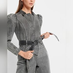 Express Puff Sleeve Tie Waist Gray Wash Denim Jumpsuit